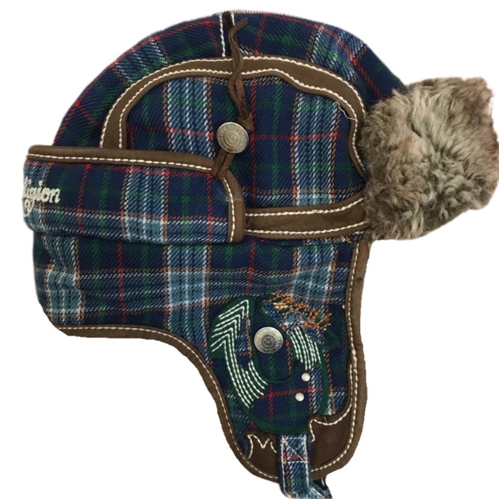 True Religion Trapper Hat 🎩 Plaid Blue Leather